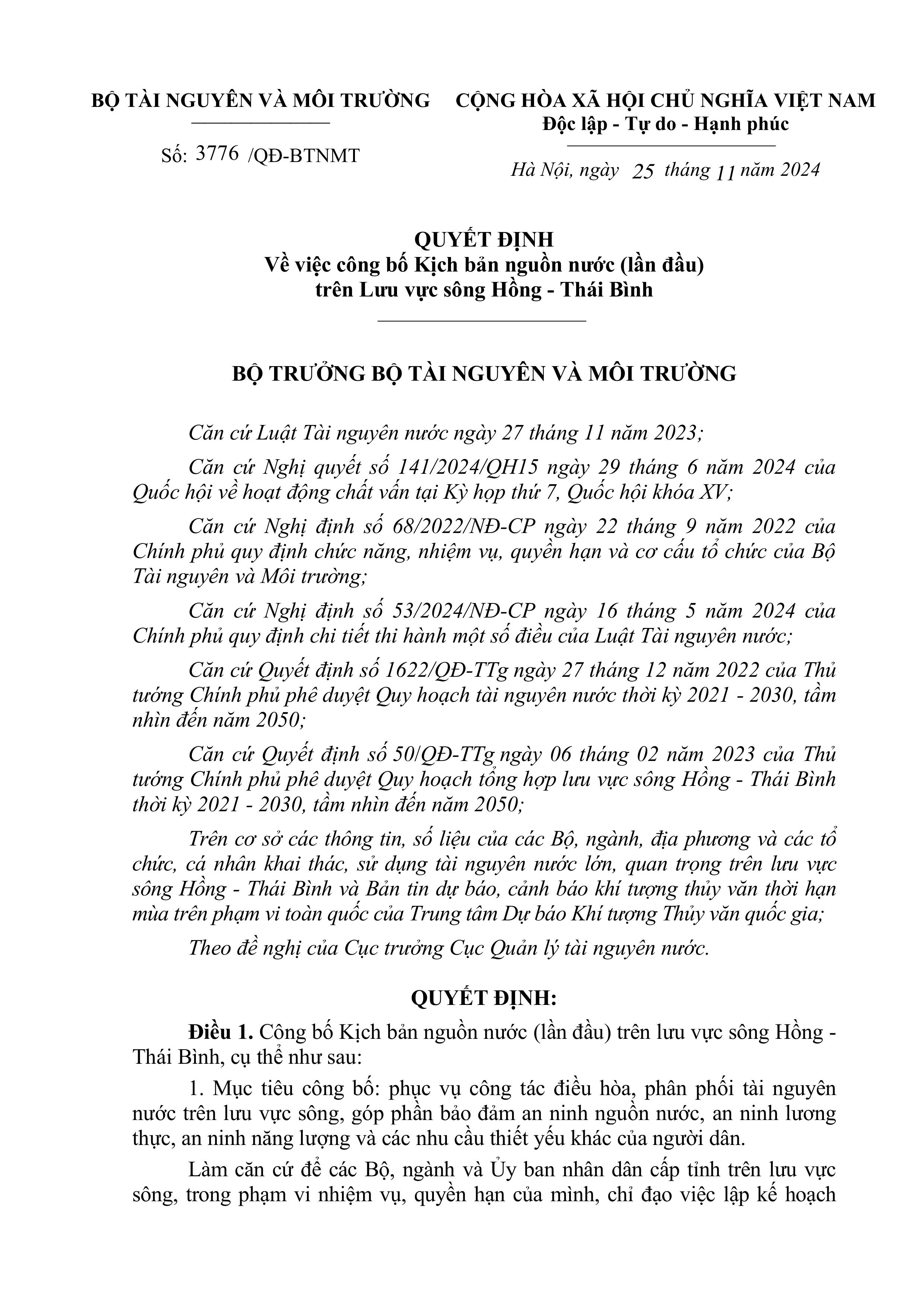   Quyết định của Bộ Tài nguyên và Môi trường về việc công bố Kịch bản nguồn nước (lần đầu) trên Lưu vực sông Hồng - Thái Bình