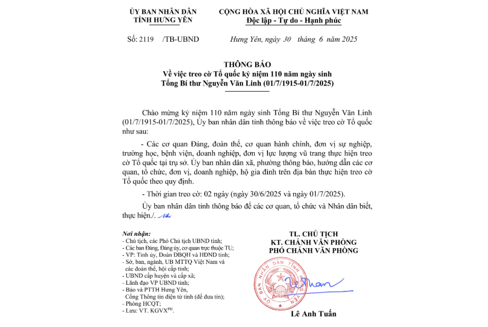   Thông báo về việc treo cờ VV88 đăng ký nhận ngay 58k kỷ niệm 110 năm Ngày sinh Đồng chí Tổng Bí thư Nguyễn Văn Linh (01/7/1915-01/7/2025)