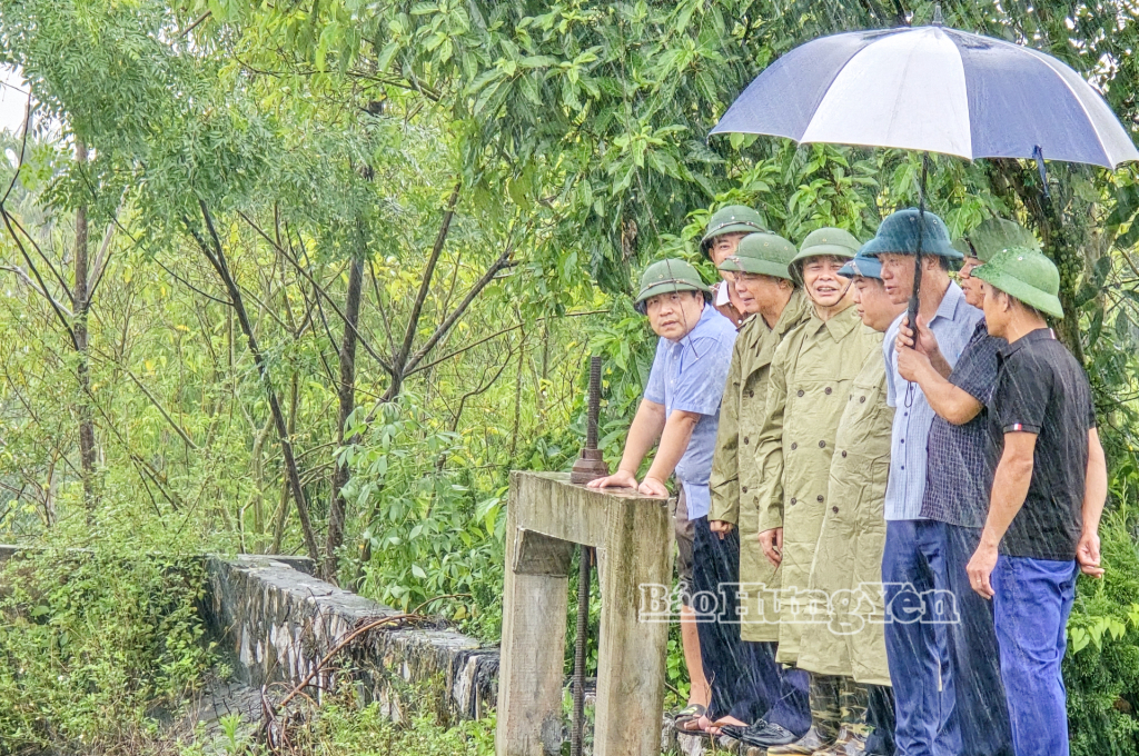 Các đồng chí lãnh đạo HĐND, UBND tỉnh kiểm tra trạm bơm Phù Sa (xã Tân Thuận).
