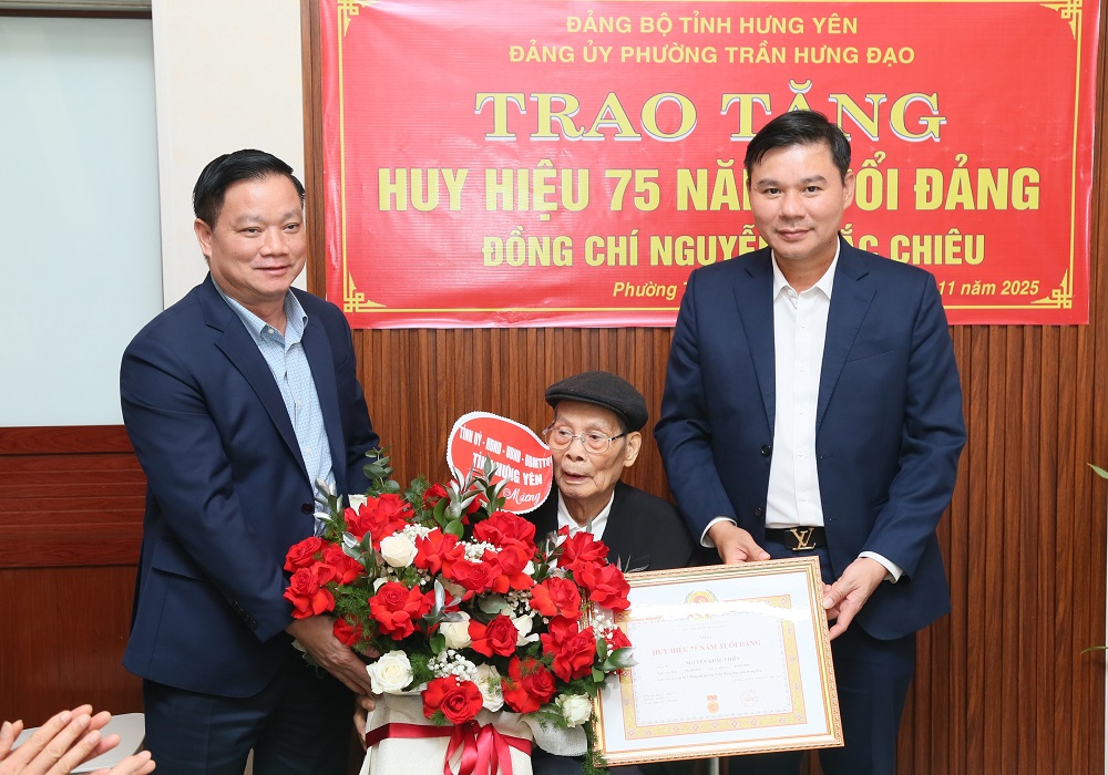   Các đồng chí lãnh đạo UBND tỉnh trao Huy hiệu 75 năm tuổi Đảng tại phường Trần Hưng Đạo