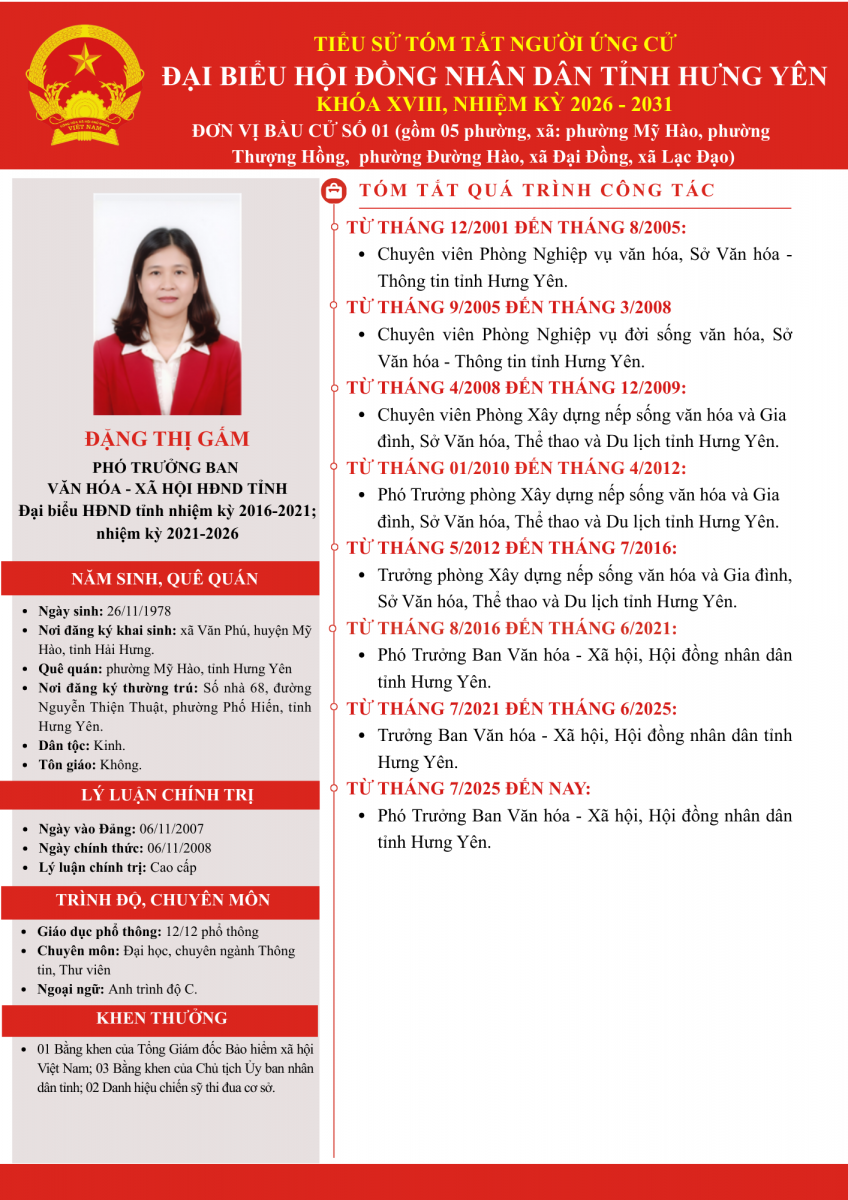   Tiểu sử bà Đặng Thị Gấm, Phó Trưởng ban Văn hóa - Xã hội HĐND tỉnh ứng cử đại biểu Hội đồng nhân dân tỉnh nhiệm kỳ XVIII, nhiệm kỳ 2026 - 2031 tại Đơn vị VV88id casino và khuyến mãi số 01