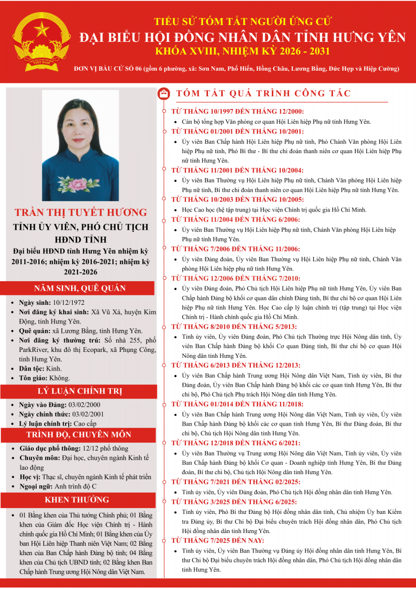   Tiểu sử bà Trần Thị Tuyết Hương, VV88 casino viên, Phó Chủ tịch HĐND tỉnh ứng cử đại biểu Hội đồng nhân dân tỉnh khoá XVIII, nhiệm kỳ 2026 - 2031 tại Đơn vị VV88id casino và khuyến mãi số 06