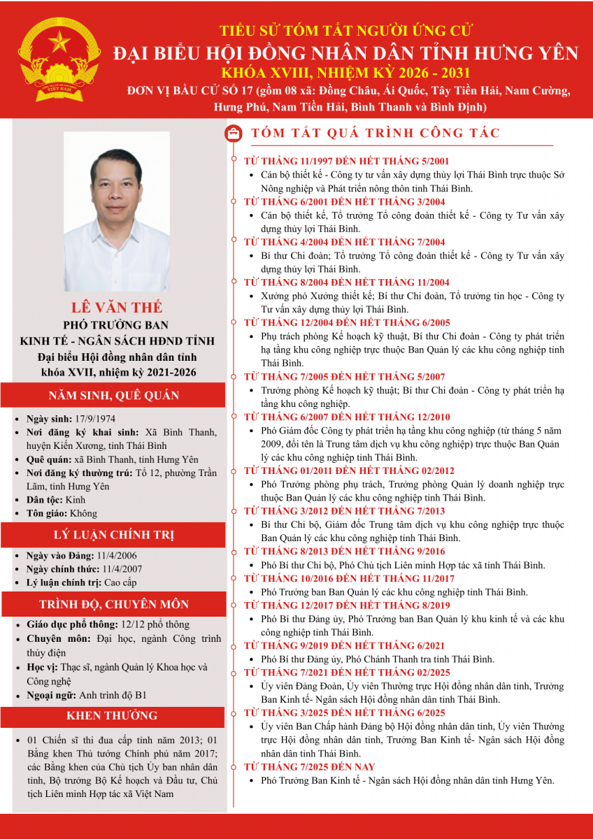   Tiểu sử ông Lê Văn Thế, Phó Trưởng ban Kinh tế - Ngân sách HĐND tỉnh ứng cử đại biểu Hội đồng nhân dân tỉnh nhiệm kỳ XVIII, nhiệm kỳ 2026 - 2031 tại Đơn vị VV88id casino và khuyến mãi số 17