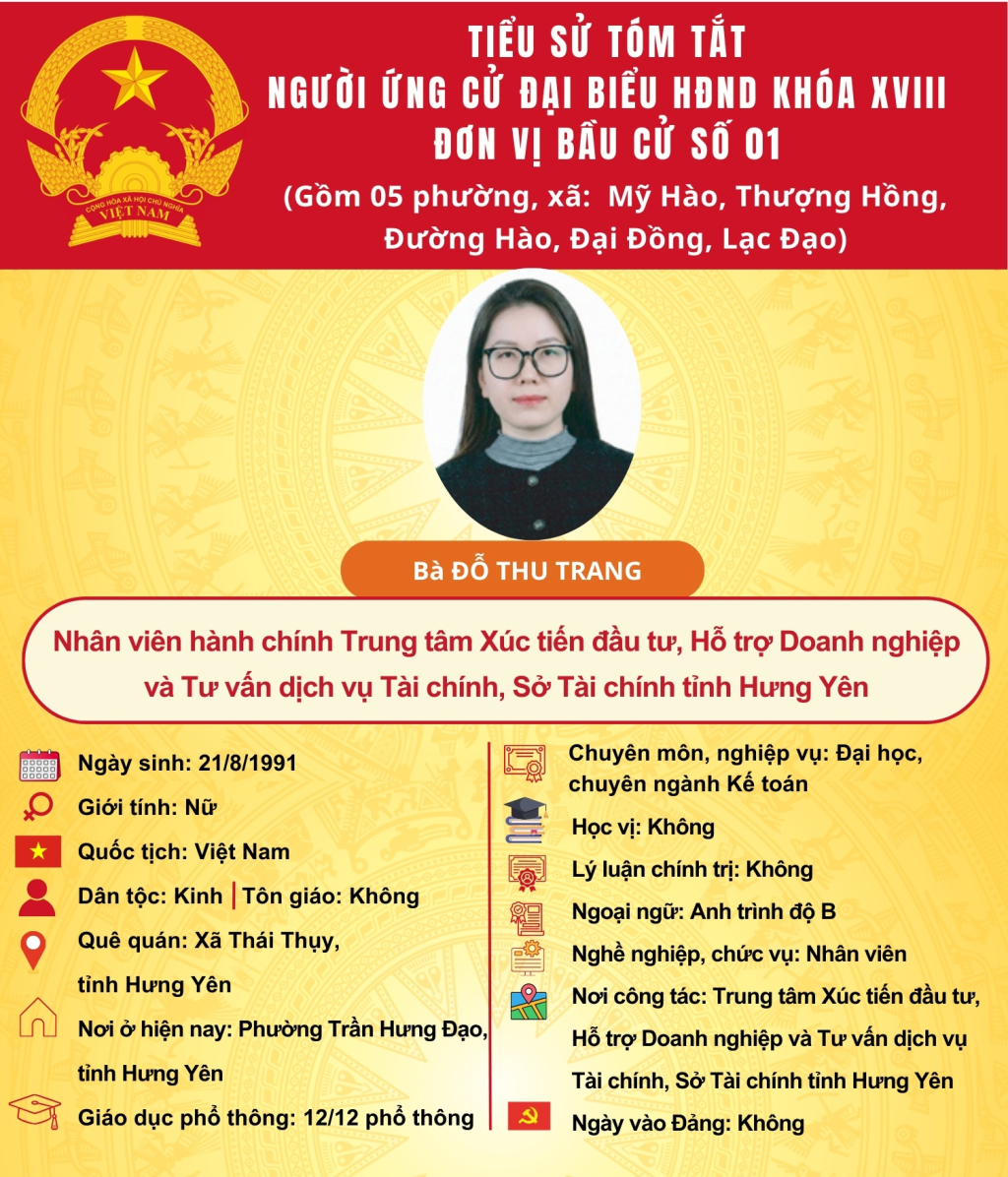   TIỂU SỬ CỦA ỨNG CỬ VIÊN ĐẠI BIỂU HĐND TỈNH KHÓA XVIII TẠI ĐƠN VỊ BẦU CỬ SỐ 1: BÀ ĐỖ THU TRANG