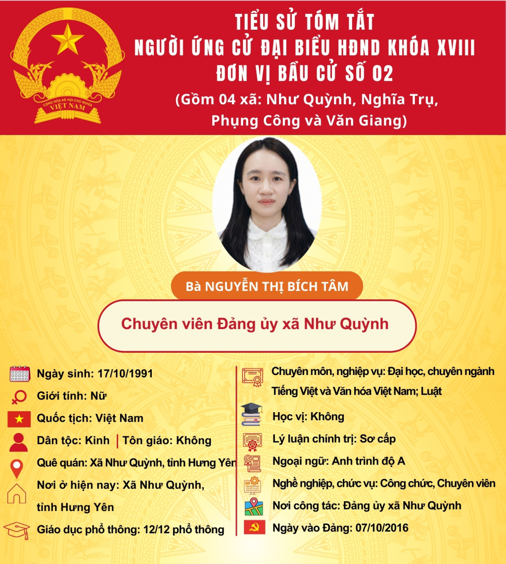   TIỂU SỬ CỦA ỨNG CỬ VIÊN ĐẠI BIỂU HĐND TỈNH KHÓA XVIII TẠI ĐƠN VỊ BẦU CỬ SỐ 2: BÀ NGUYỄN THỊ BÍCH TÂM
