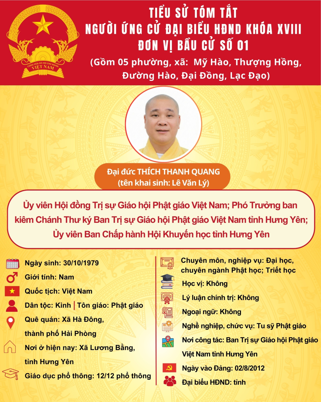   TIỂU SỬ CỦA ỨNG CỬ VIÊN ĐẠI BIỂU HĐND TỈNH KHÓA XVIII TẠI ĐƠN VỊ BẦU CỬ SỐ 1: ĐẠI ĐỨC THÍCH THANH QUANG