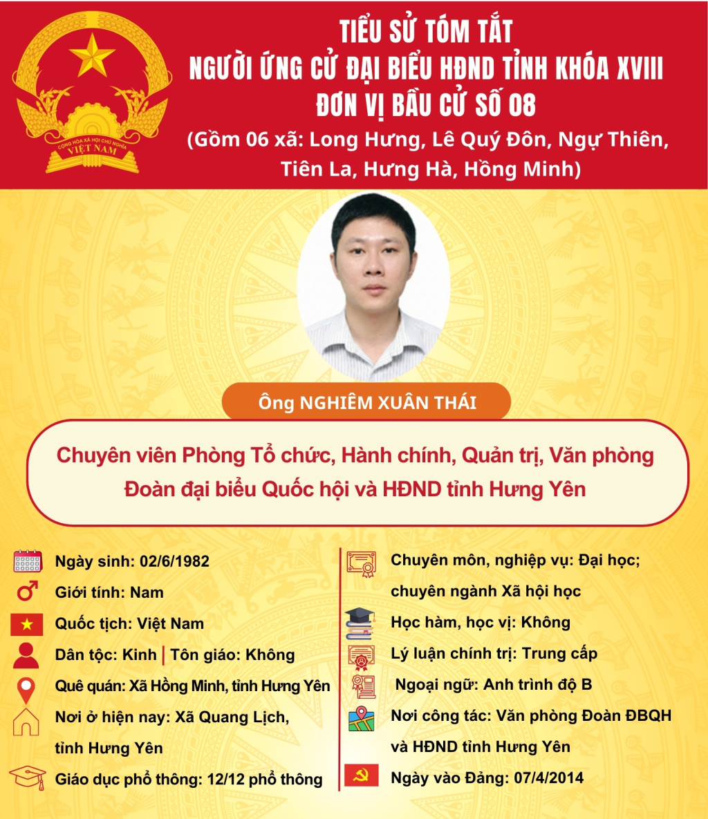   TIỂU SỬ CỦA ỨNG CỬ VIÊN ĐẠI BIỂU HĐND TỈNH KHÓA XVIII TẠI ĐƠN VỊ BẦU CỬ SỐ 8: ÔNG NGHIÊM XUÂN THÁI