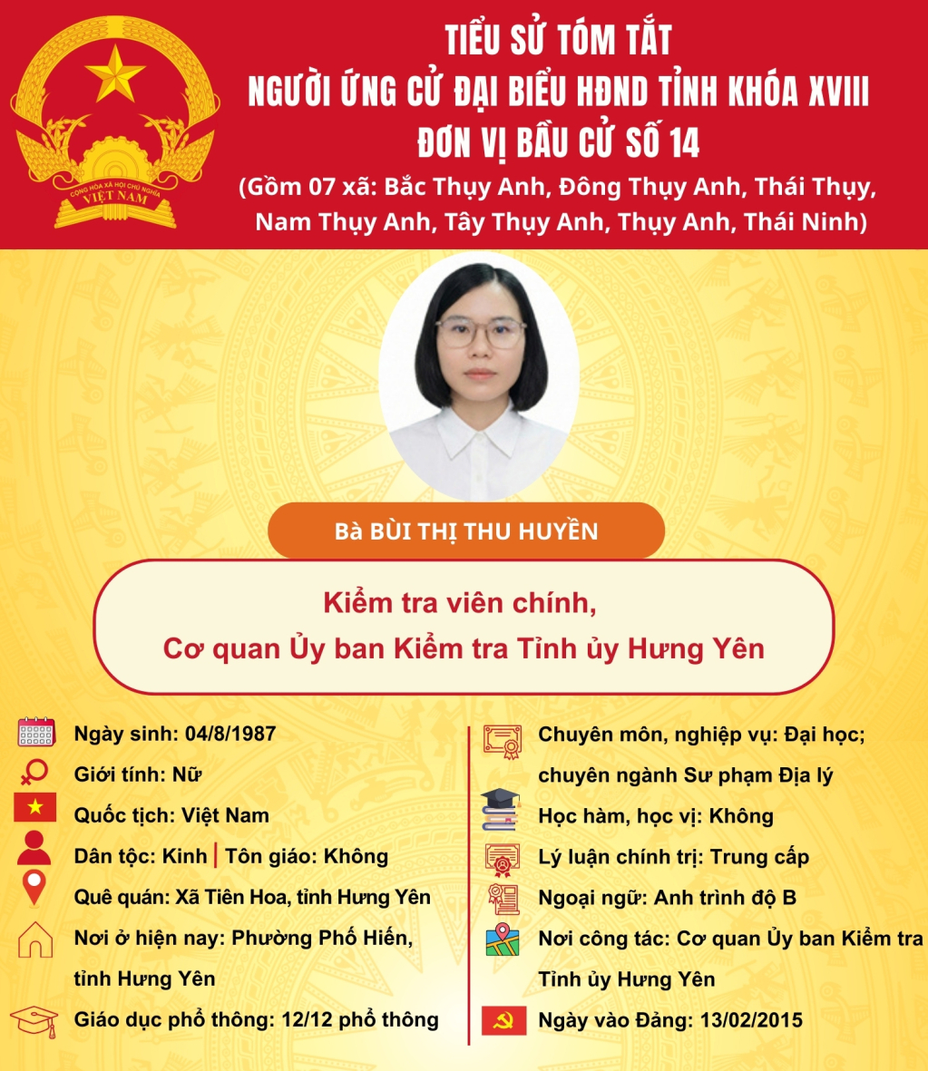   TIỂU SỬ CỦA ỨNG CỬ VIÊN ĐẠI BIỂU HĐND TỈNH KHÓA XVIII TẠI ĐƠN VỊ BẦU CỬ SỐ 14: BÀ BÙI THỊ THU HUYỀN