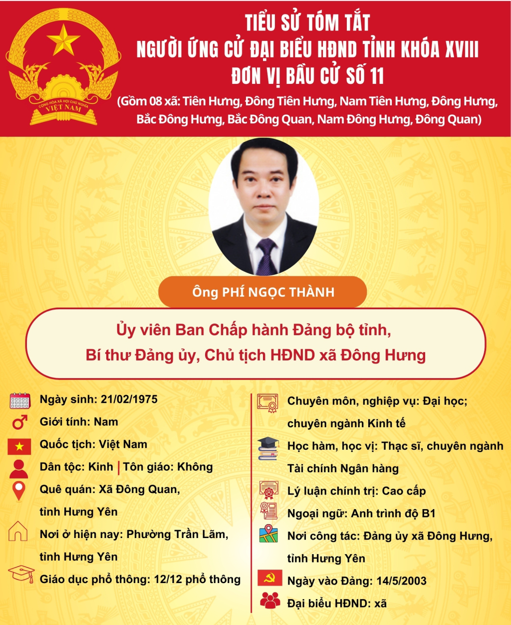   TIỂU SỬ CỦA ỨNG CỬ VIÊN ĐẠI BIỂU HĐND TỈNH KHÓA XVIII TẠI ĐƠN VỊ BẦU CỬ SỐ 11:ÔNG PHÍ NGỌC THÀNH