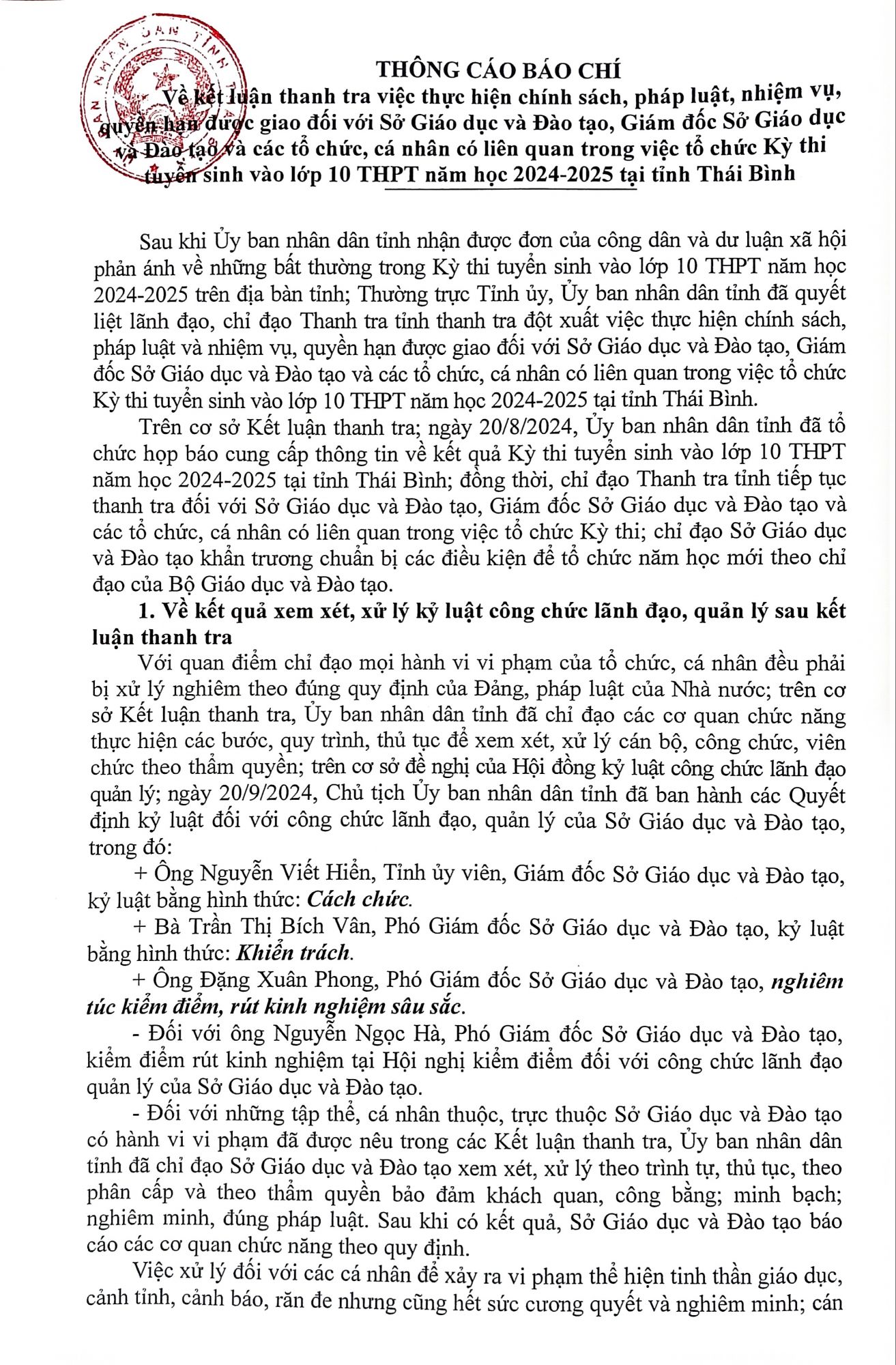  Thông cáo báo chí về việc tổ chức Kỳ thi tuyển sinh vào lớp 10 THPT năm học 2024-2025 tại tỉnh Thái Bình