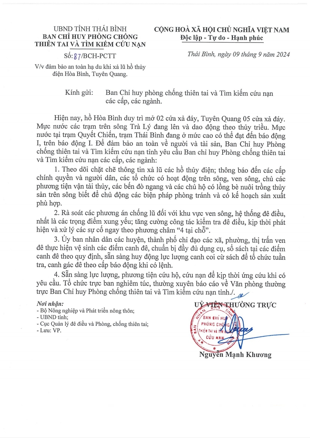   Về việc bảo đảm an toàn hạ du khi xả lũ hồ thủy điện Hòa Bình, Tuyên Quang