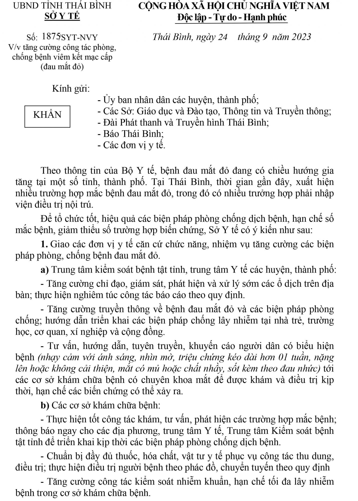   Tăng cường công tác phòng, chống bệnh viêm kết mạc cấp (đau mắt đỏ)