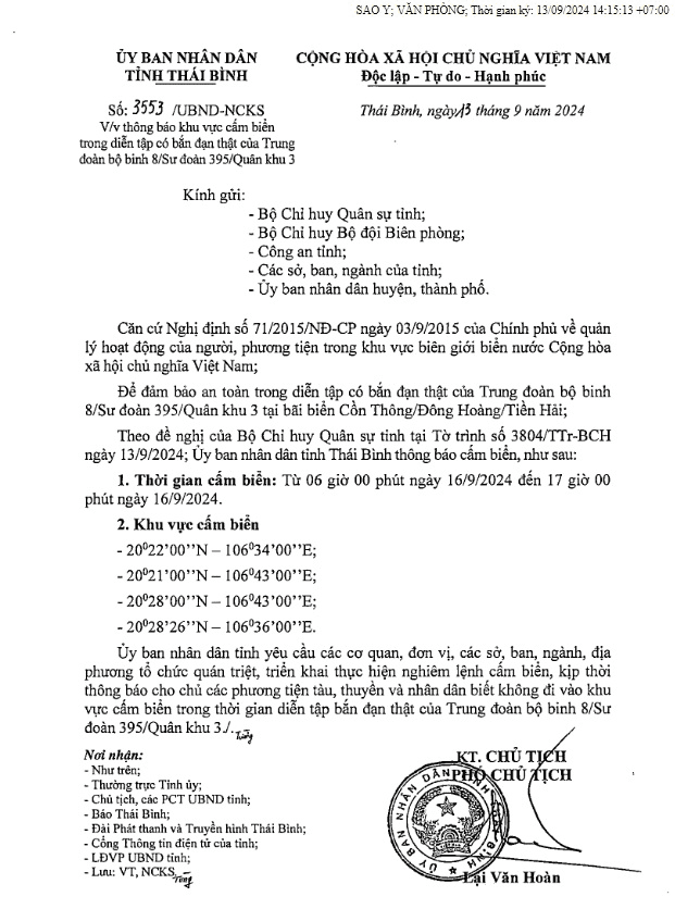   Thông báo khu vực cấm biển trong diễn tập có bắn đạn thật của Trung đoàn bộ binh 8/Sư đoàn 395/Quân khu 3