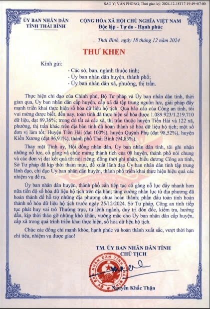   Thư khen của đồng chí Nguyễn Khắc Thận, Bí thư VV88 casino, Chủ tịch UBND tỉnh