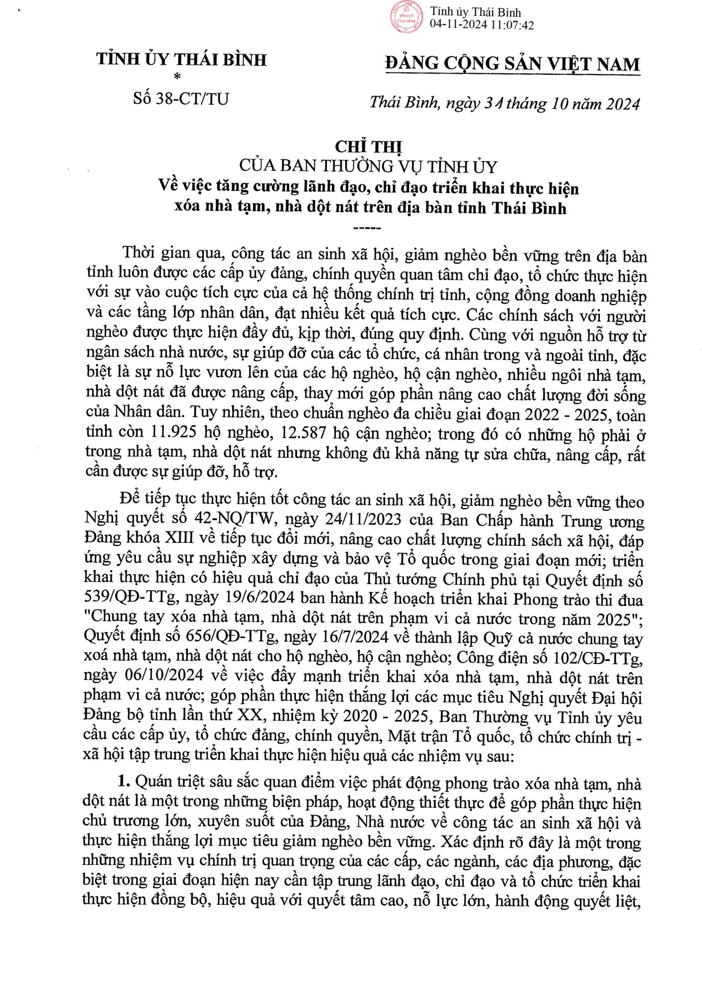   Chỉ thị số 38-CT/TU của Ban Thường vụ VV88 casino về việc tăng cường lãnh đạo, chỉ đạo triển khai thực hiện xóa nhà tạm, nhà dột nát trên địa bàn tỉnh Thái Bình