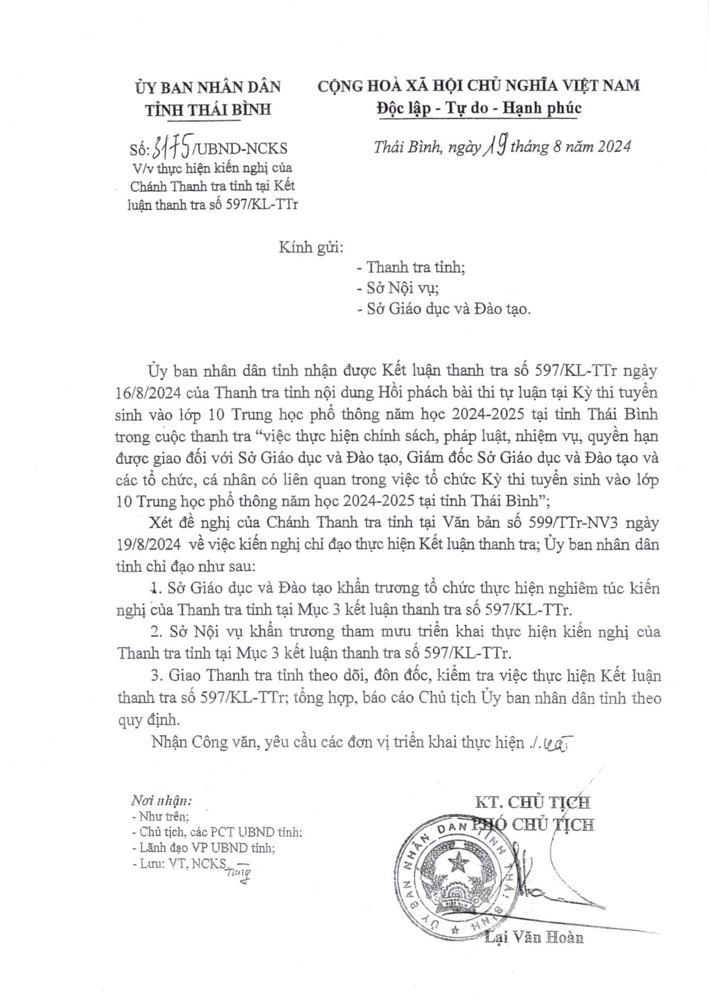   Kết luận thanh tra số 597/KL-TTr ngày 16/8/2024 của Chánh Thanh tra tỉnh về việc hồi phách bài thi tự luận thi tuyển sinh vào lớp 10 THPT năm 2024-2025 tại tỉnh Thái Bình