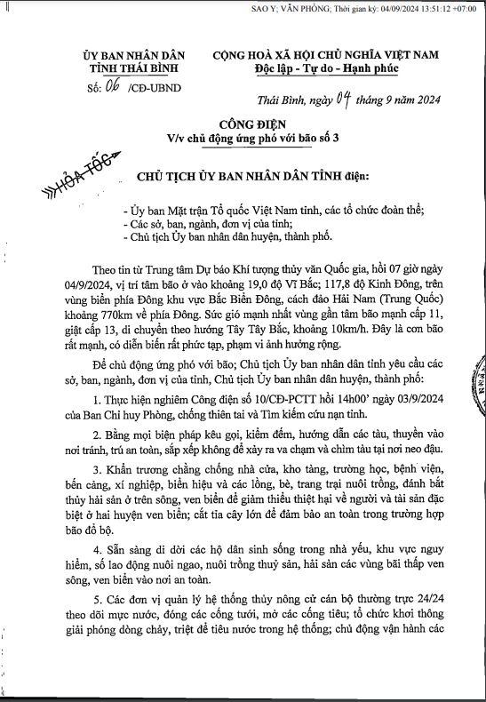   Công điện số 06/CĐ-UBND của UBND tỉnh về việc chủ động ứng phó với bão số 3