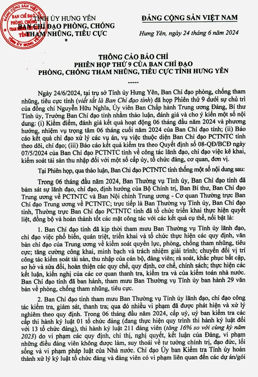   Thông cáo báo chí phiên họp thứ 9 của Ban Chỉ đạo phòng, chống tham nhũng, tiêu cực tỉnh VV88id nổ hũ
