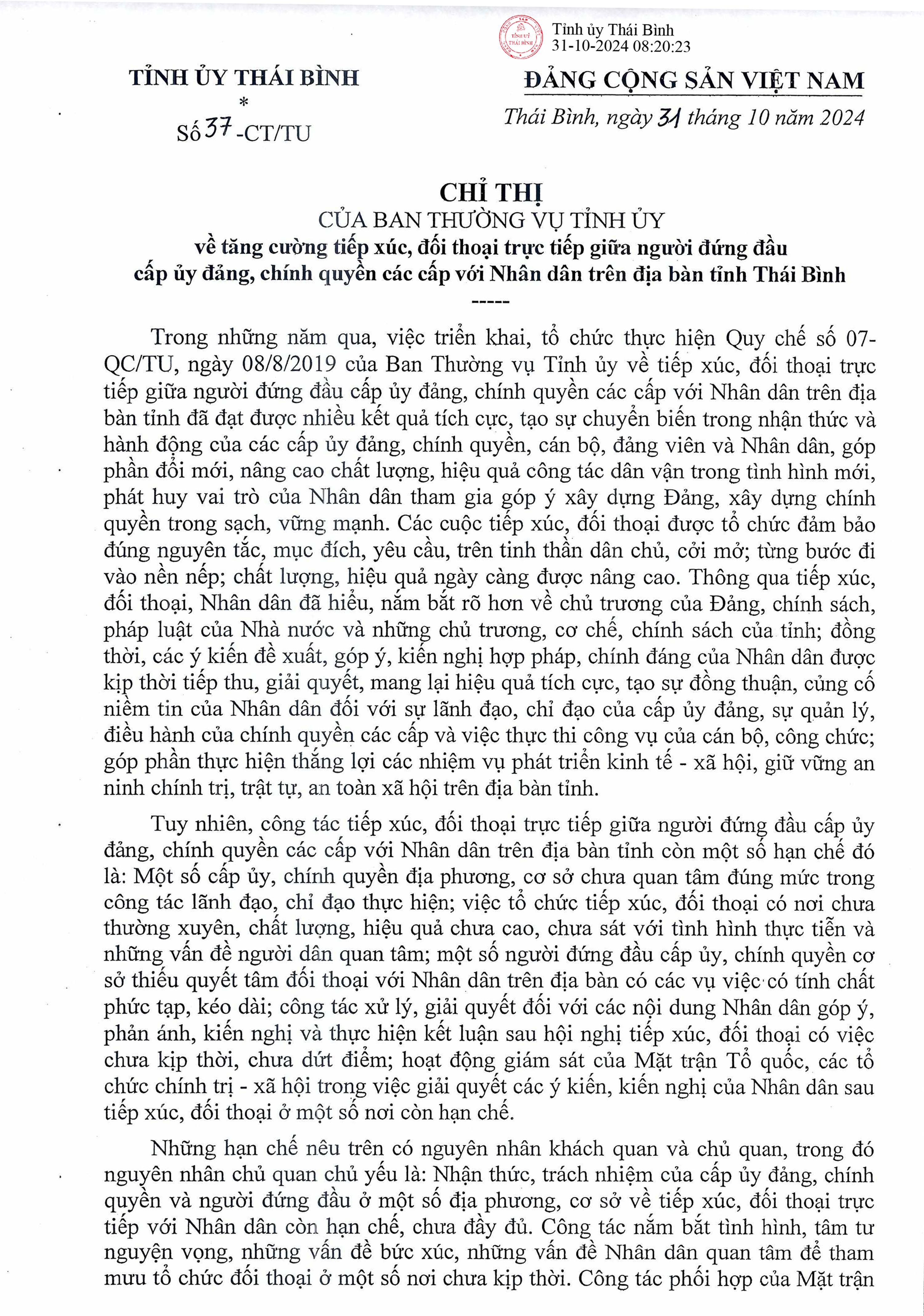   Chỉ thị số 37-CT/TU của Ban Thường vụ VV88 casino về tăng cường tiếp xúc, đối thoại trực tiếp giữ người đứng đầu cấp ủy đảng, chính quyền các cấp với VV88 đăng ký nhận 68k trên địa bàn tỉnh Thái Bình