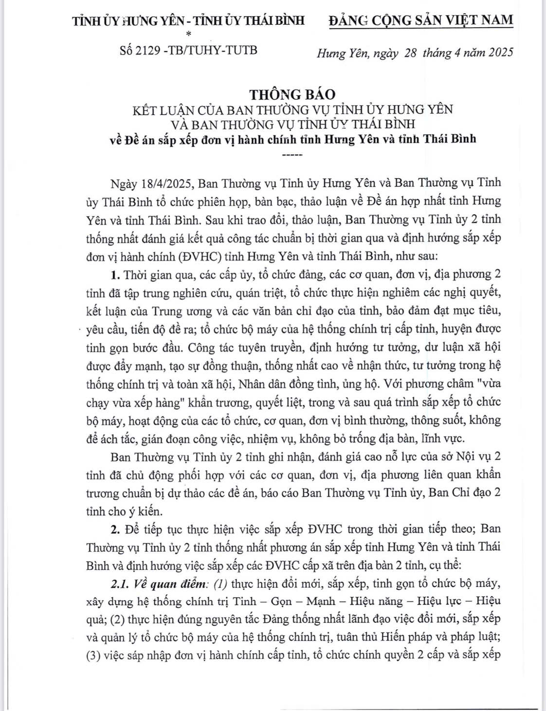   Kết luận của Ban Thường vụ Tỉnh ủy VV88id nổ hũ và Ban Thường vụ VV88 casino Thái Bình về Đề án sắp xếp đơn vị hành chính